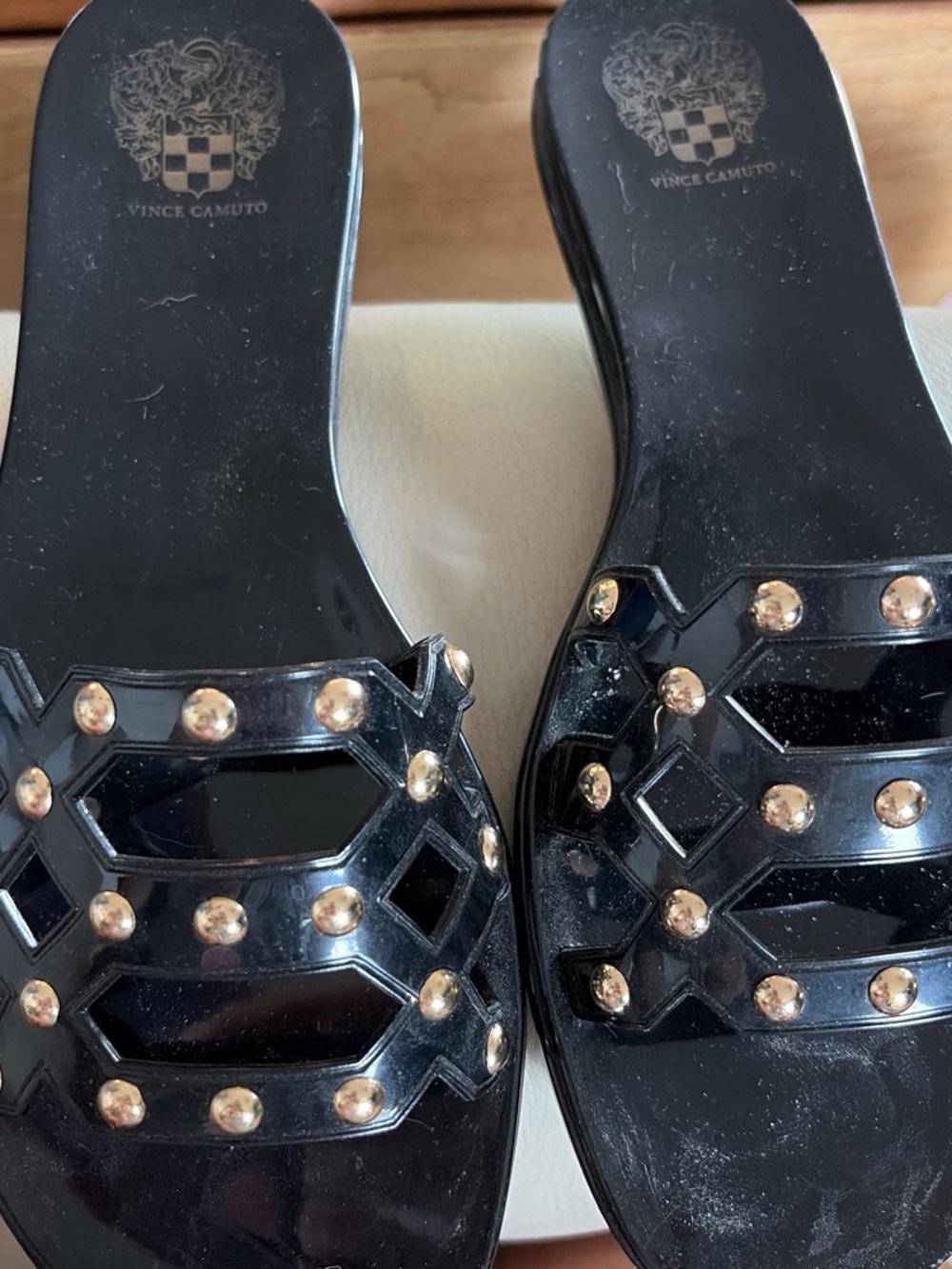 Vince Camuto Black Patent Studded Slide Sandals